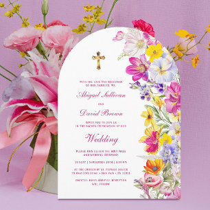 Helle wilde Blumenbogen religiöse Hochzeit Einladung