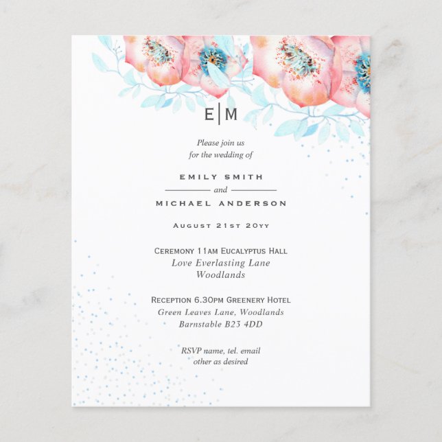 Hellebore Blue Dusty Rose Wedding Reception BUDGET Flyer (Vorne)