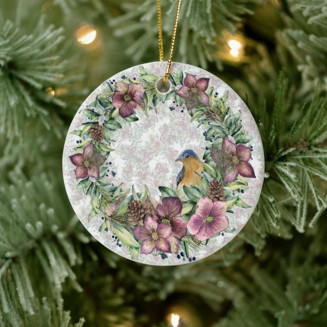 Hellebore-Blumenstrauß mit Vogel Keramik Ornament (Baum)