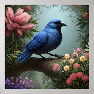 Heller Blaue Vogel auf einem Ast sitzend Poster