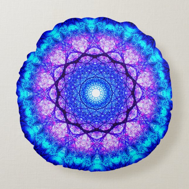Heller blauer und lila Mandala Rundes Kissen (Vorderseite)