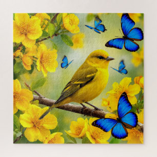 Heller gelber Singvogel auf einem Ast Puzzle
