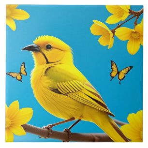 Heller gelber Singvogel auf einem Ast sitzend Fliese