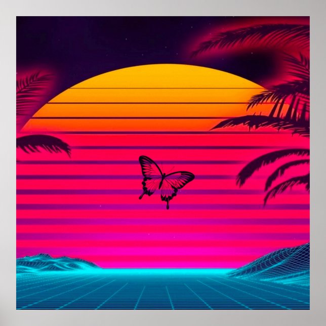 Heller Neon Sonnenaufgang und Schmetterling Poster (Vorne)