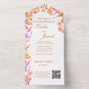 Heller Rosa- und Orangefarbener Wildblumen-QR-Code All In One Einladung