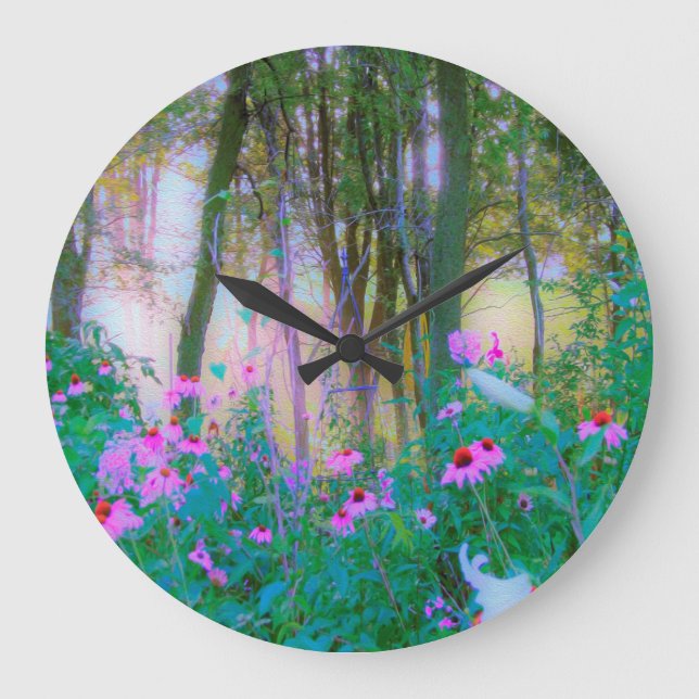 Heller Sonnenaufgang mit rosa Türmen in meinem Gar Große Wanduhr (Vorderseite)