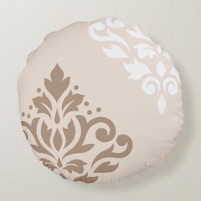Heller Taupe u. Weiß der Rolle-Damast-Kunst-I auf Rundes Kissen (Rückseite)