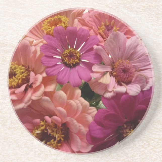 Heller Zinnia-Untersetzer in Rosa und Pfirsichfarb Getränkeuntersetzer (Vorne)