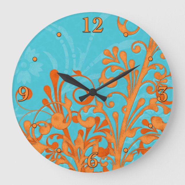 Helles Aqua-blaue und orange BlumenWanduhr Große Wanduhr (Vorderseite)