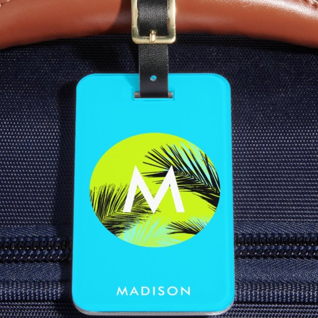Helles Aqua Blue mit Tropical Palm Trees Monogram Gepäckanhänger ("Everyday is abundantly beautiful." 
Sincerely Best Wishes from Lucky Design World)