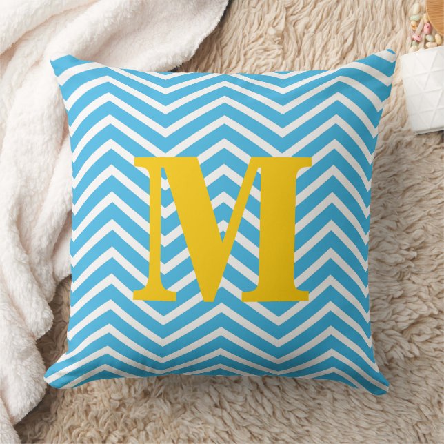 Helles Aqua und Weiß mit Gelber Monogramm Zig Zag Kissen (Decke)