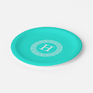 Helles Aqua weißes griechisches SchlüsselRnd Pappteller