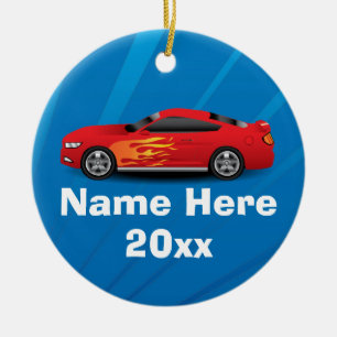Helles Blau mit Red Sports Car Flammen Kinder Jung Keramikornament