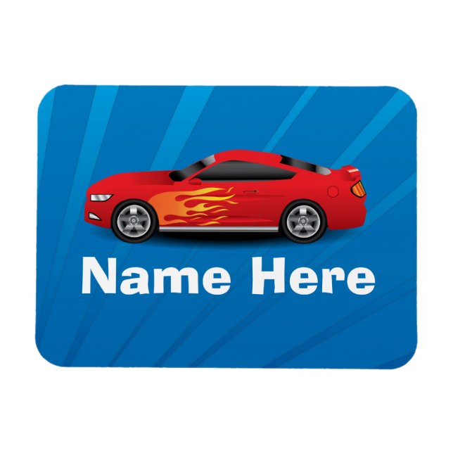 Helles Blau mit Red Sports Car Flammen Kinder Jung Magnet (Horizontal)