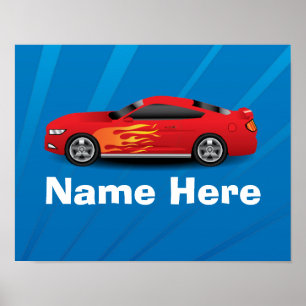 Helles Blau mit Red Sports Car Flammen Kinder Jung Poster