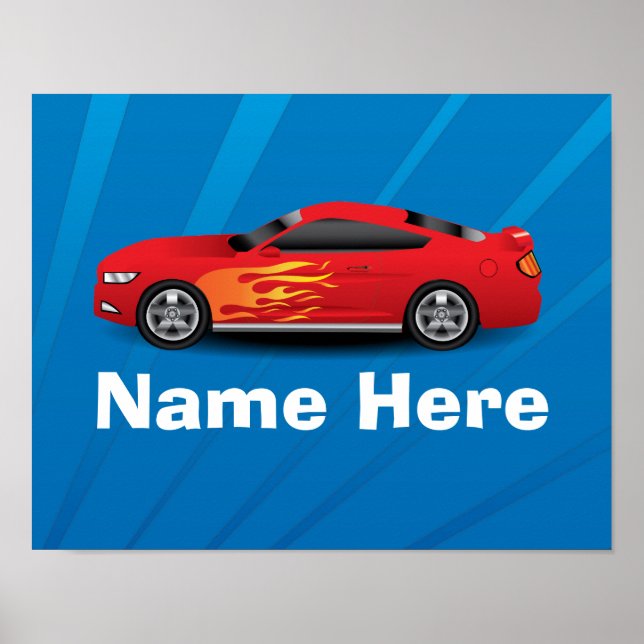 Helles Blau mit Red Sports Car Flammen Kinder Jung Poster (Vorne)