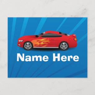 Helles Blau mit Red Sports Car Flammen Kinder Jung Postkarte