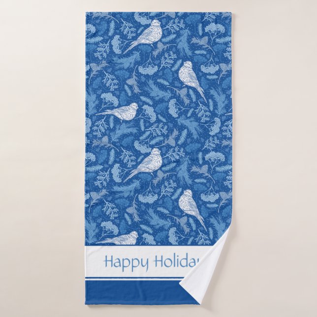 Helles Blau und Winter Weiße Vögel Blumenmuster Badhandtuch Set (Badehandtuch)