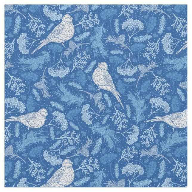Helles Blau und Winter Weiße Vögel Blumenmuster Stoff (Nahaufnahme)