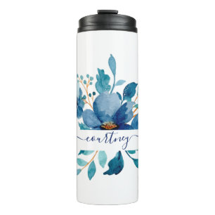 Helles Blautöne Wasserfarbe floral personalisiert Thermosbecher