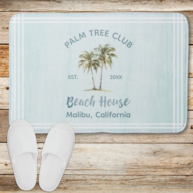 Helles Blue Wood Palm Trees Modernes Beach House Badematte (In situ, beach house)