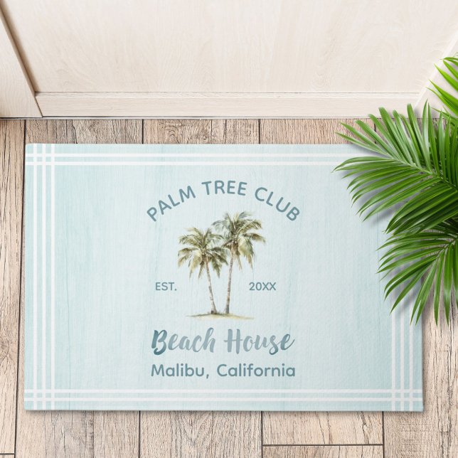 Helles Blue Wood Palm Trees Modernes Beach House Fußmatte (In situ, beach house)