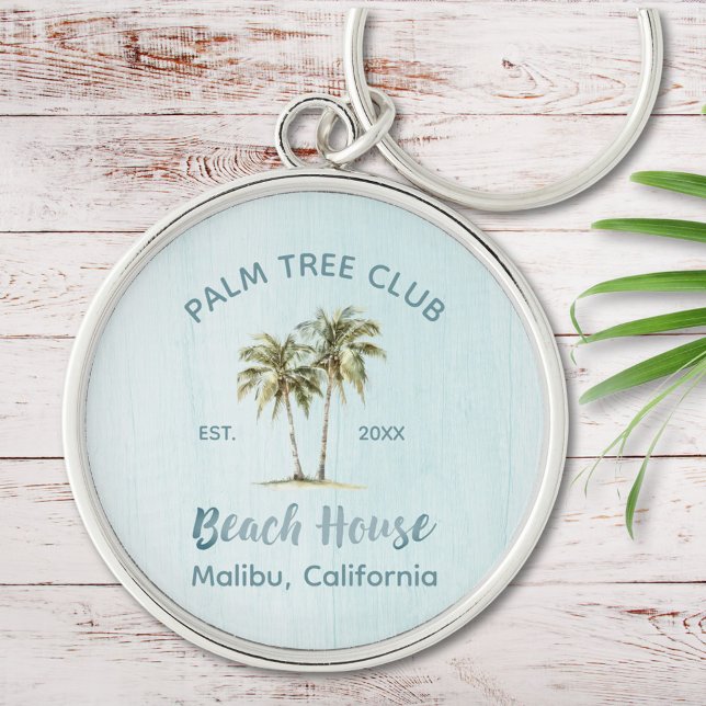 Helles Blue Wood Palm Trees Modernes Beach House Schlüsselanhänger (Close up)