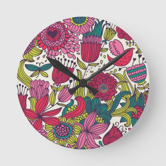 Helles Blumenmuster Runde Wanduhr (Vorderseite)