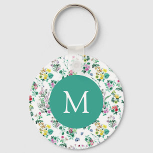 Helles Blumenmuster Teal Monogramm Schlüsselanhänger