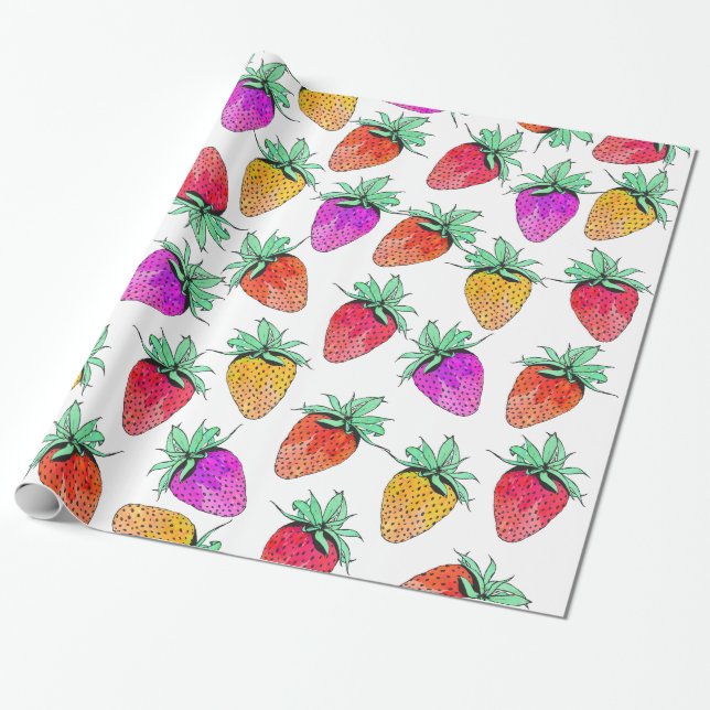 Helles buntes Aquarell-fruchtige Erdbeeren Geschenkpapier (Ungerollt)