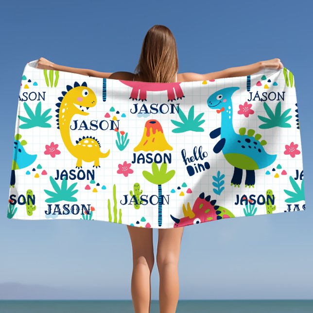 Helles Dinosaurier Muster mit Individuelle Name Badehandtuch (Bright Dinosaur Pattern with Custom Name Bath Towel)