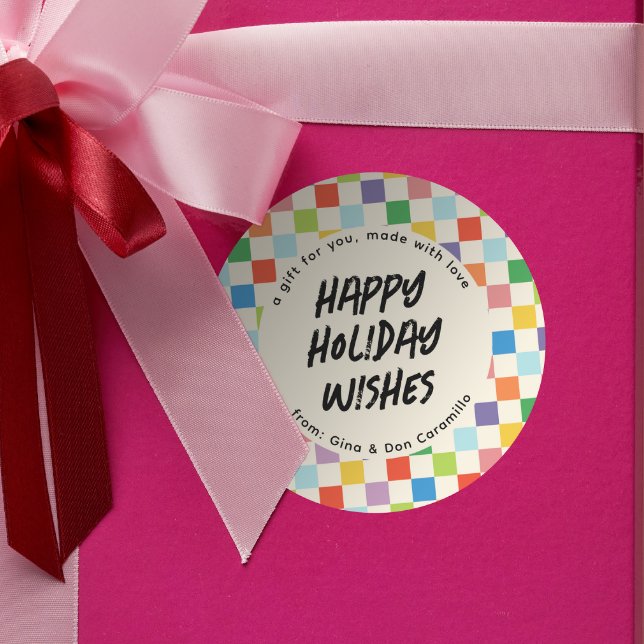 Helles farbiges Geschenk an der Tafel Runder Aufkleber (round custom Christmas holiday gift tag with colorful checker border)