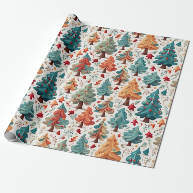 Helles festliches Papier mit Weihnachtsbäumen Geschenkpapier (Ungerollt)