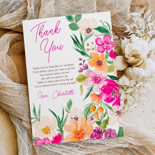 Helles, fett formatiertes Brautparty von Blume Dankeskarte (Bright bold wild flowers script bridal shower thank you card on white)