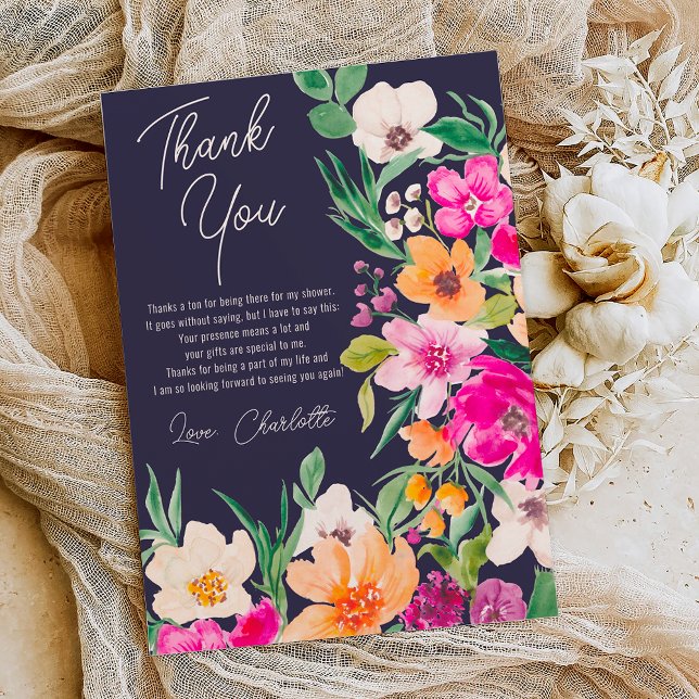 Helles, fett formatiertes Brautparty von Blume Dankeskarte (Bright bold wild flowers script bridal shower thank you card on navy blue)