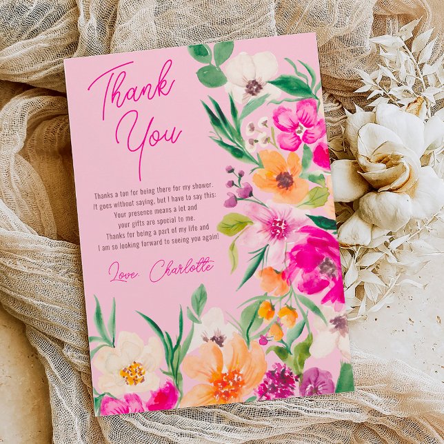 Helles, fett formatiertes Brautparty von Blume Dankeskarte (Bright bold wild flowers script bridal shower thank you card on pastel pink)