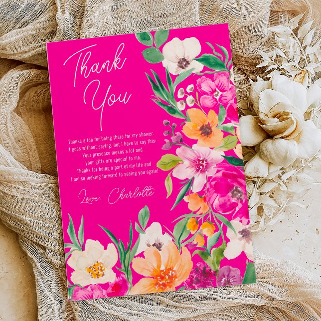 Helles, fett formatiertes Brautparty von Blume Dankeskarte (Bright bold wild flowers script bridal shower thank you card on neon pink)