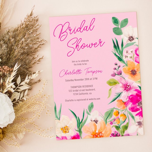 Helles, fett formatiertes Brautparty von Blume Einladung (Bright bold wild flowers script bridal shower invitation)