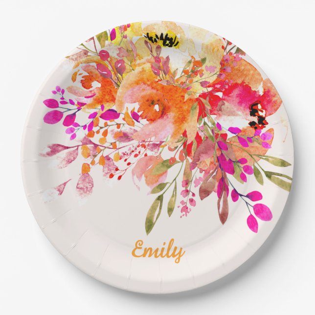 Helles florales romantisches Individuelle Name Pappteller (Vorderseite)