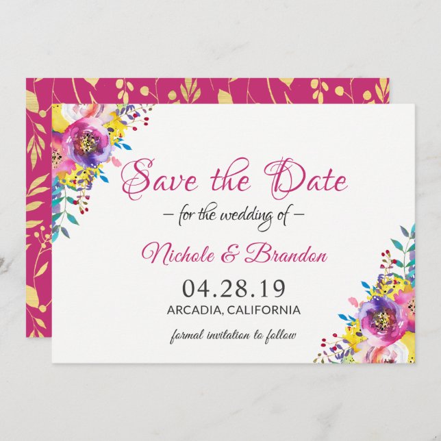 Helles Fuchsia Gold Blumen Spring Save the Date (Vorne/Hinten)