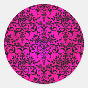 Helles Fucshia- und Schwarz-Floral-Damask-Muster Runder Aufkleber
