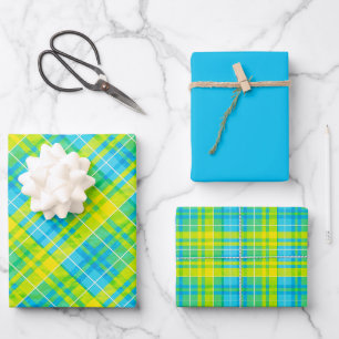Helles Gelb, Blau, Grün und Weiß Kariert Geschenkpapier Set