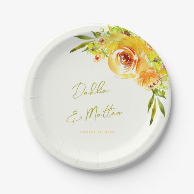 Helles Gelb Grün Lebendige Sommer Blumen Hochzeit Pappteller (Vorderseite)