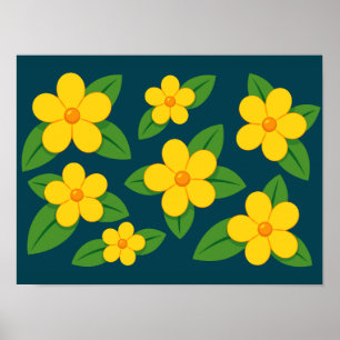 Helles gelbes Blumenmuster mit grünen Blättern Poster