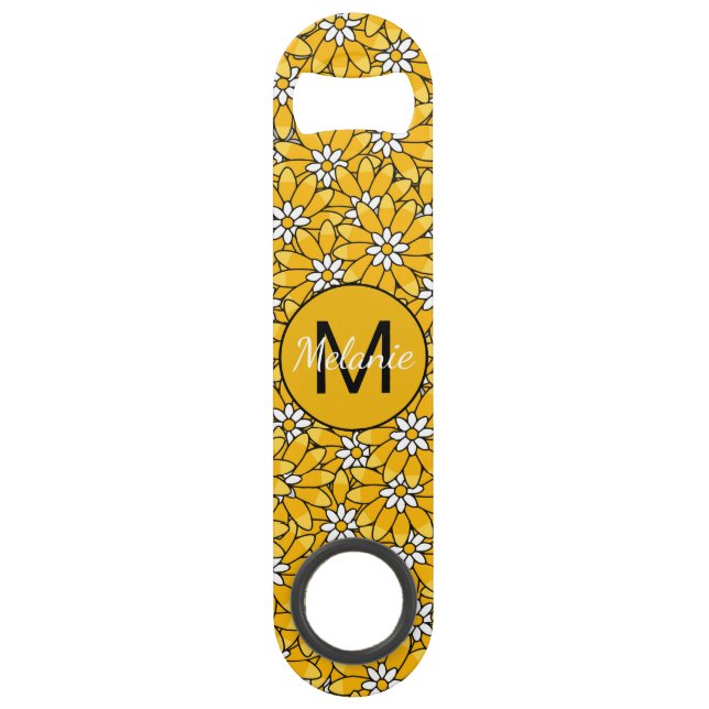 Helles gelbes Blumenmuster personalisiert Speed Flaschenöffner (Vorderseite)