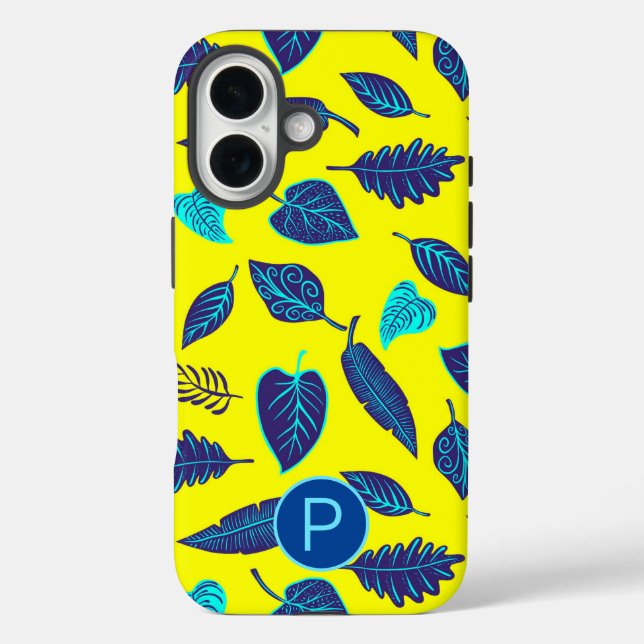 Helles Gelbes Tropisches Blattmuster Monogramm Case-Mate iPhone Hülle (Rückseite)