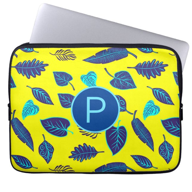 Helles Gelbes Tropisches Blattmuster Monogramm Laptopschutzhülle (Vorderseite)