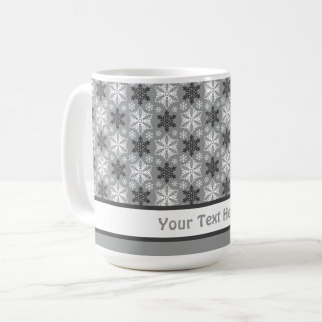 Helles, graues Schwarz Winter Weißes Schneeflocken Kaffeetasse (Vorderseite Links)
