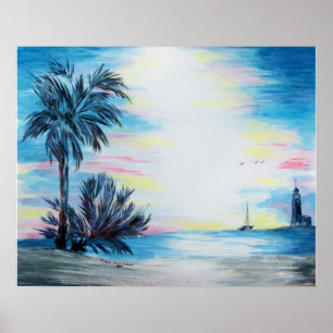 Helles Haus und Palmen am Strand Poster