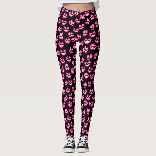 Helles, heiß rosa Halloween Kürbisfacen auf schwar Leggings (Vorderseite)